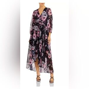 Eliza J Floral Metallic Fleck High Low Dress Purple Black Belted 3/4 Sleeve Sz 8